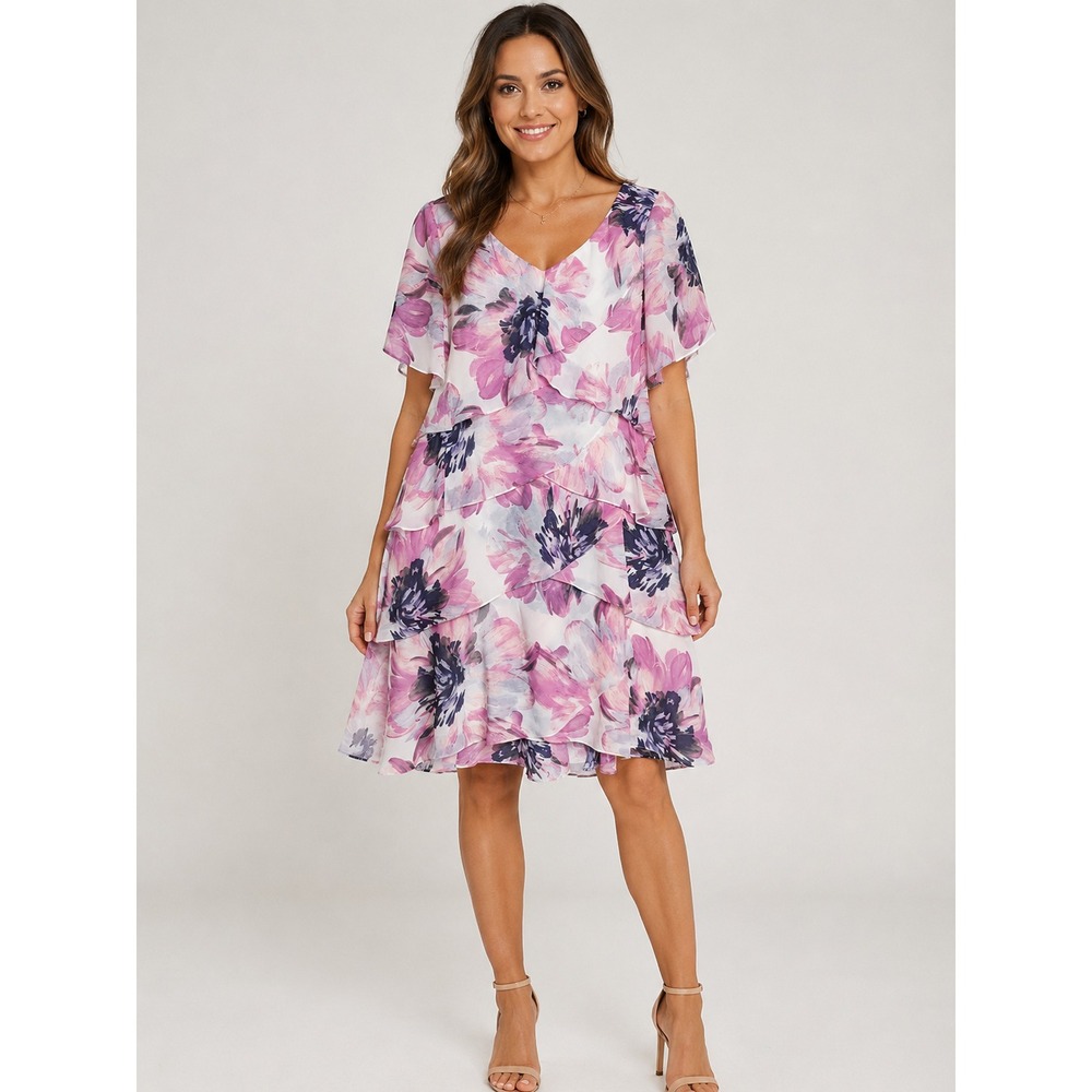 SLNY‎ Pink Floral Tiered Chiffon Shift Dress Size 12 V-Neck Flutter Sleeve